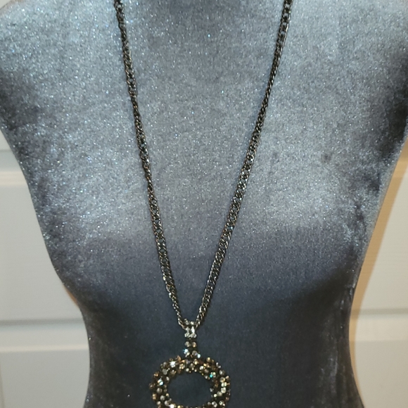 Long Black & Rhinestone Circle Necklace - Picture 3 of 3